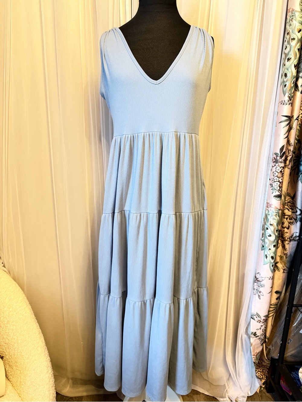 See You Monday Light Blue V-Neck Tiered Maxi Dress